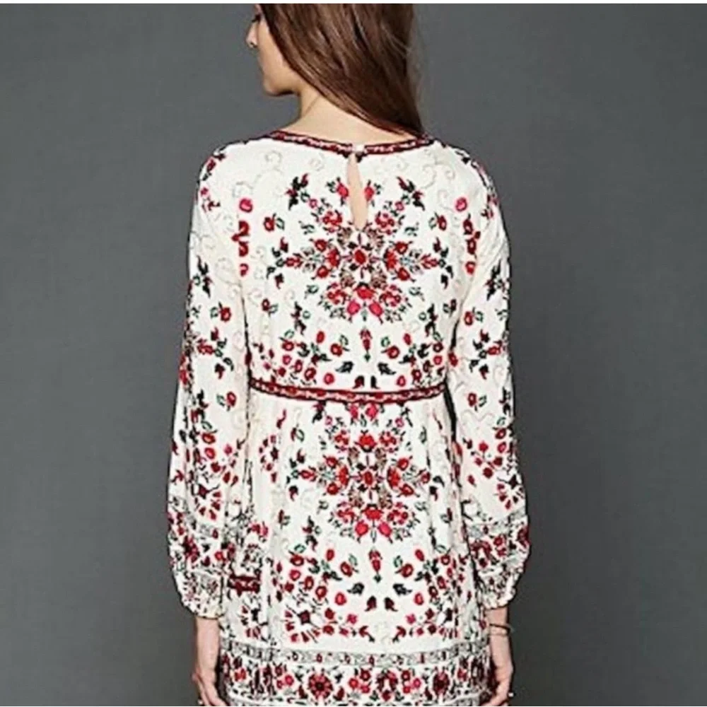 Free People Red Floral Embroidered Long Sleeve Dress - Size 8 - Picture 3 of 11